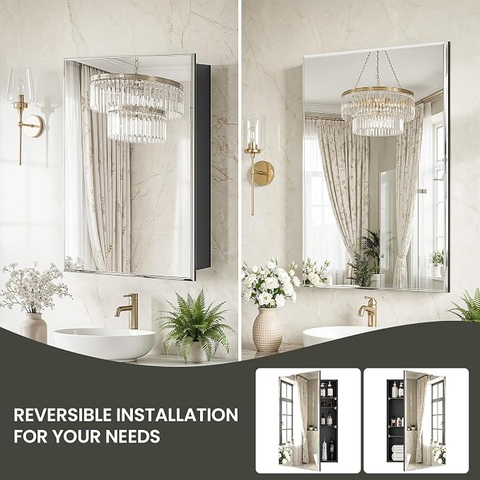 16 x 24 Medicine Cabinet with Mirror, Frameless Beveled Edge Bathroom Medicine Cabinet Wall Mount or Recessed, Pre-Assembled Aluminum Vanity Cabinet with Adjustable Shelves & Soft Close