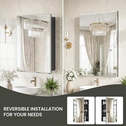 16 x 24 Medicine Cabinet with Mirror, Frameless Beveled Edge Bathroom Medicine Cabinet Wall Mount or Recessed, Pre-Assembled Aluminum Vanity Cabinet with Adjustable Shelves & Soft Close