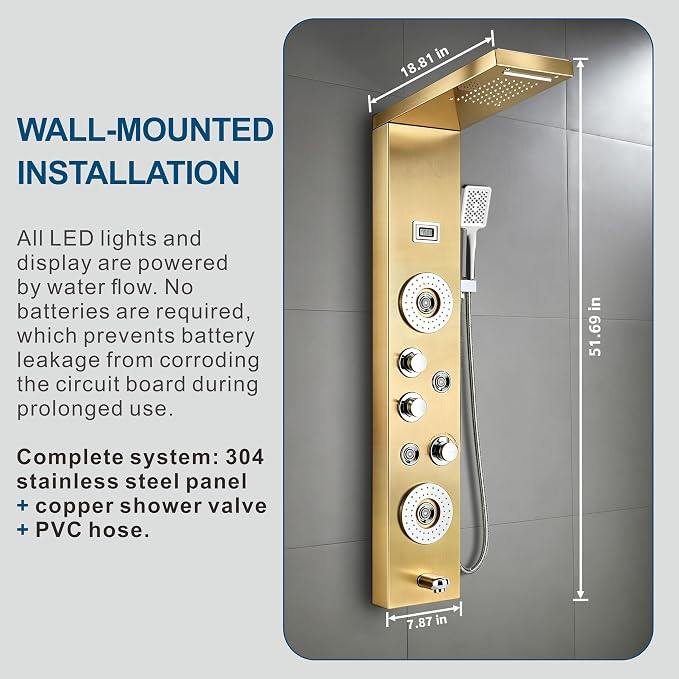 ELLO&ALLO Stainless Steel Shower Panel Tower System,LED Rainfall Waterfall Shower Head 6-Function Faucet Rain Massage System with Body Jets, Brushed Gold