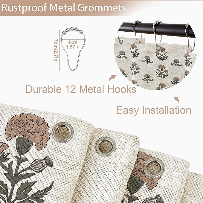 ORTIGIA Linen Textured Ruffle Shower Curtain with Metal Hooks, Vintage Terracotta Brown Floral Block Print Boho Waterproof Bath Curtain for Rustic Farmhouse Bathroom Decor 72x72 Inch