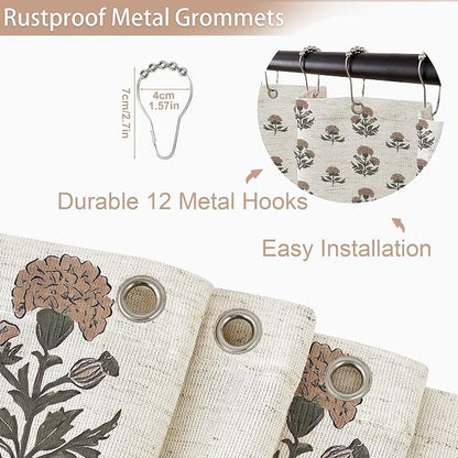 ORTIGIA Linen Textured Ruffle Shower Curtain with Metal Hooks, Vintage Terracotta Brown Floral Block Print Boho Waterproof Bath Curtain for Rustic Farmhouse Bathroom Decor 72x72 Inch