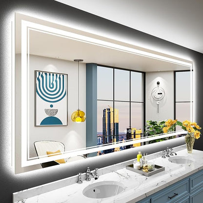 84x40 LED Bathroom Mirror with Lights, Backlit and Front Lit Anti-Fog Lighted Vanity Mirrors for Bathroom Wall, Dimmable, 3-Color Light, Memory, Shatter-Proof, HD Tempered Glass, CRI＞90