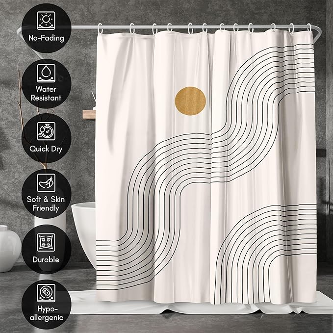 Americanflat 71x74 Boho Shower Curtain - Water-Resistant Long Shower Curtain with Durable Metal Grommets and 12 Hooks - 100% Polyester - Warm Beige, Black, and Ochre Yellow