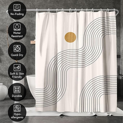 Americanflat 71x74 Boho Shower Curtain - Water-Resistant Long Shower Curtain with Durable Metal Grommets and 12 Hooks - 100% Polyester - Warm Beige, Black, and Ochre Yellow