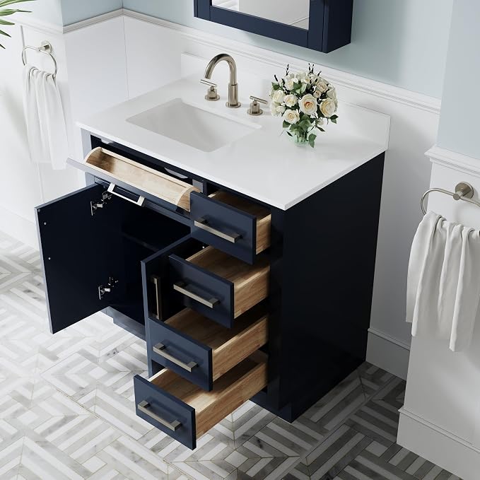 36-Inch Bathroom Vanity with Sink W/ 2 Doors & 4 Drawers & 1 Flip Drawer, Navy Blue Vanity W/Brushed Nickel Handles