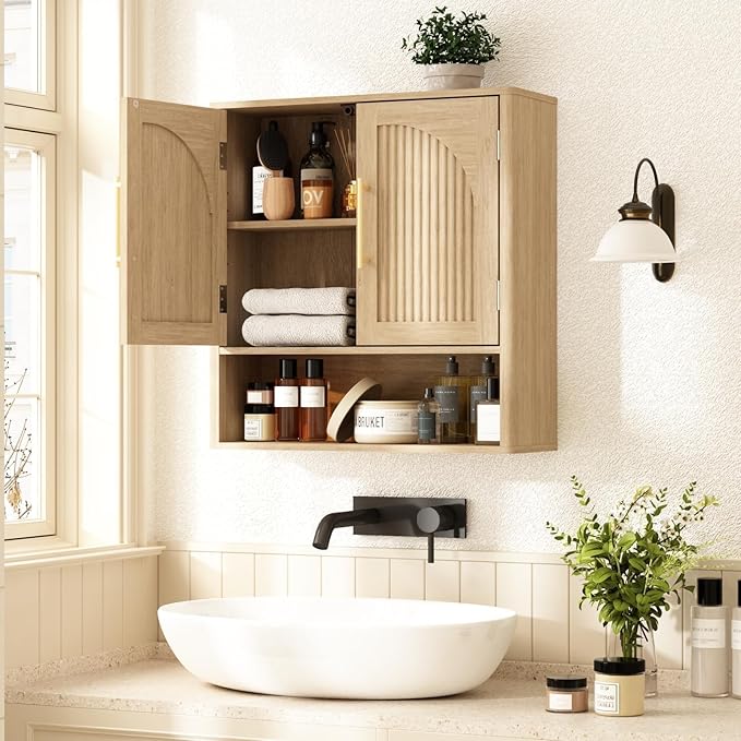 RUSTOWN Fluted Bathroom Wall Cabinet, Mid Century Modern Medicine Cabinet W/Adjustable Shelf & 2 Arched Doors, Over The Toilet Storage Cabinets for Laundry Room Kitchen Living Room, Natural Oak