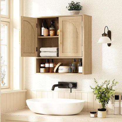 RUSTOWN Fluted Bathroom Wall Cabinet, Mid Century Modern Medicine Cabinet W/Adjustable Shelf & 2 Arched Doors, Over The Toilet Storage Cabinets for Laundry Room Kitchen Living Room, Natural Oak