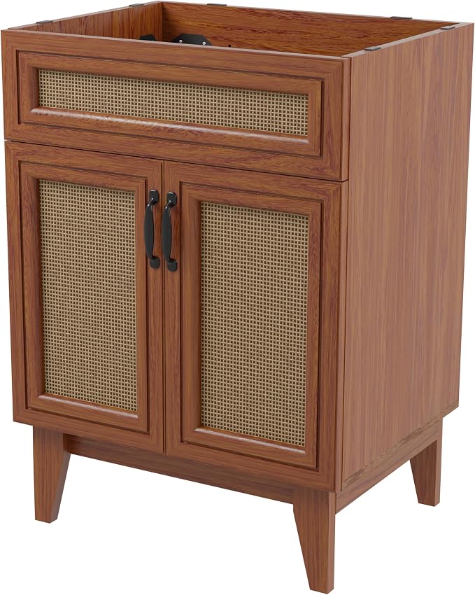 JONATHAN Y Javer Bohemian Rattan Freestanding Bath Vanity, 24", Walnut | 18" Deep, 33" High, 2 Soft-Close Doors, Caned Paneling, 2-Shelf Storage, Basin Not Included, Modern Farmhouse Style