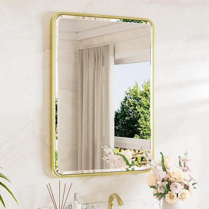 Brushed Gold Mirror 20 x 30 Beveled Edge Tempered Glass, Rounded Corner Rectangle Bathroom Mirror for Over Sink for Modern Bathroom, Living Room, Bedroom, Entryway