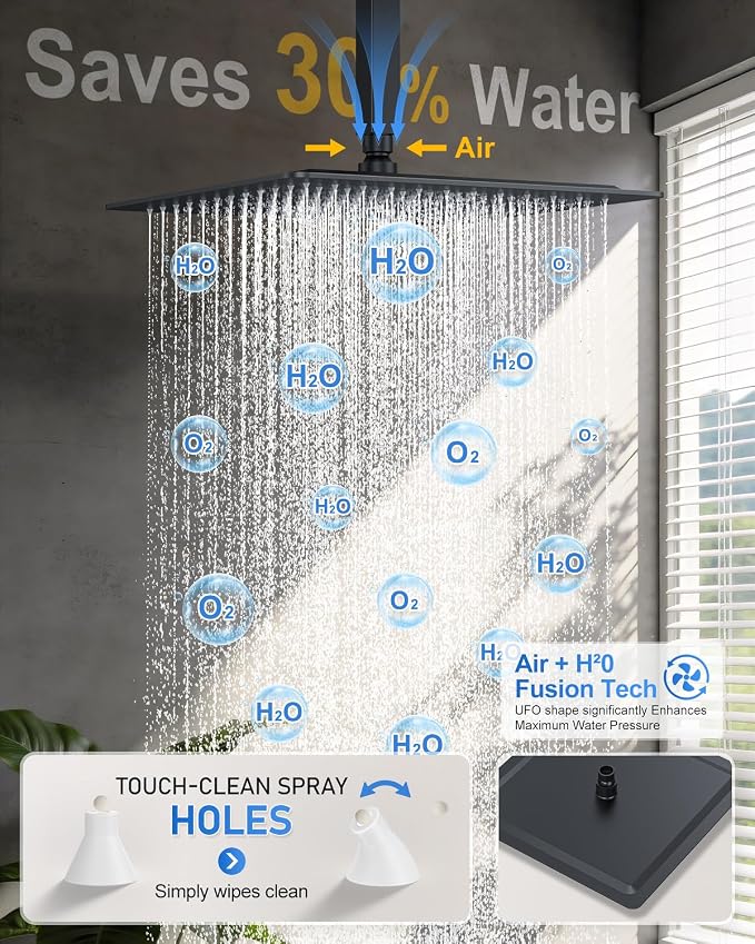 Woindo 4 Function Shower Faucet Set 12" Rain Shower Head/6'' Side Shower Head and 3 Setting Handheld Ceiling Mount Push Button Diverter Complete Rainfall Round Shower System Included Valve Trim Kit