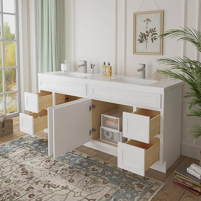 Vanity Art 72 Inch Bathroom Vanity with 2-Door 4-Drawer, Wood Bathroom Vanity Cabinet with Soft Closing Drawer, Floor Mounted White Cabinet Without Top VA4072-LRW