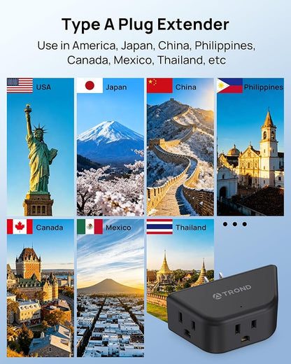 TROND 2 Prong to 3 Prong Outlet Adapter for Old House | 3-Sided Design Plug Extender with 3 AC Sockets, Wall Splitter for Non-Grounded Outlets in Bathroom Kitchen Travel, Black