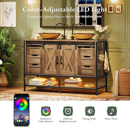 Concho 47'' Farmhouse Bathroom Vanity with Double Vessel Sink, Bathroom Sink Storage Cabinet with LED Light & Sliding Barn Door, Adjustable Shelf, 3 Drawers, Side Hooks, Vintage Brown
