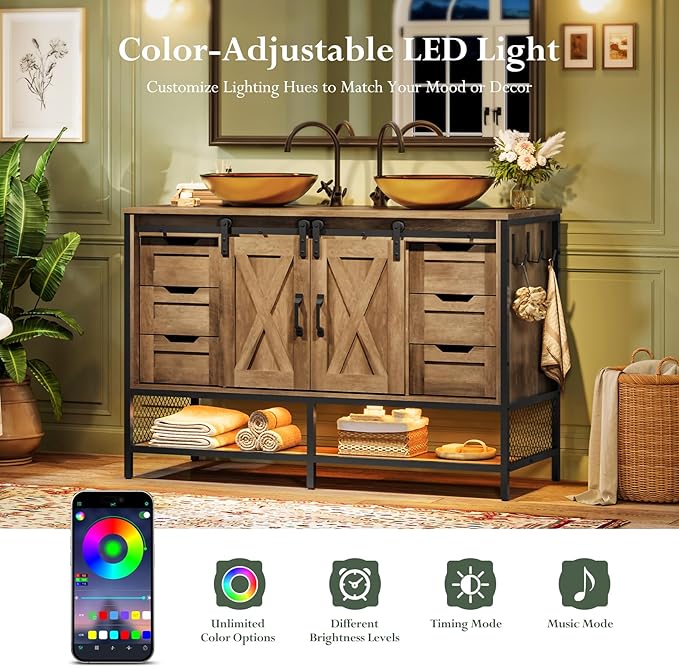 Concho 47'' Farmhouse Bathroom Vanity with Double Vessel Sink, Bathroom Sink Storage Cabinet with LED Light & Sliding Barn Door, Adjustable Shelf, 3 Drawers, Side Hooks, Rustic Brown