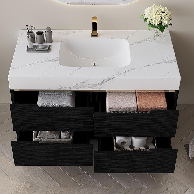 35.4" Freestanding Black Bathroom Vanity with Sintered Stone Countertop and Ceramic Basin Sink, Modern Bathroom Cabinet with 4 Soft Closing Drawers, Hidden Handle, Powder-Coated Metal Legs