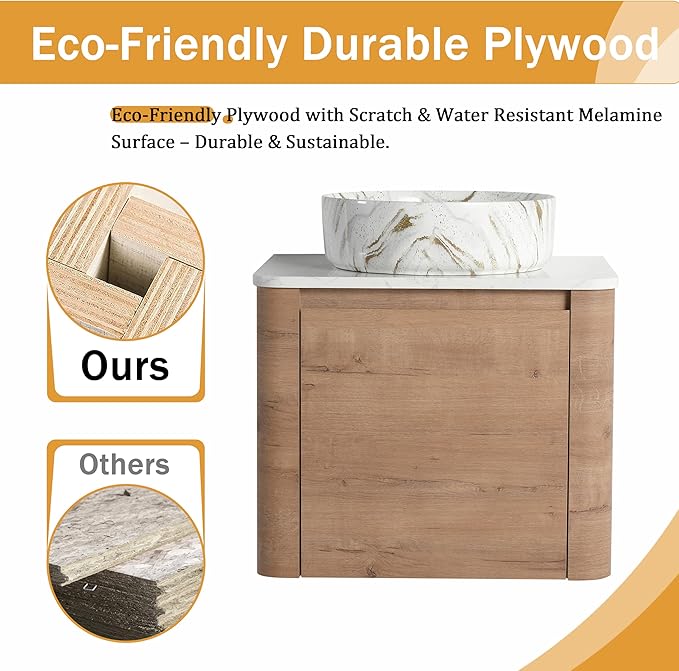 Malwee 24" Floating Bathroom Vanity with Sink, 24 Inch Wall Mounted Bathroom Cabinet Combo, Modern Single Sink Bath Storage Vanity Set, with 1 Soft Close Door and Ceramic Vessel Basin Top(24-PP