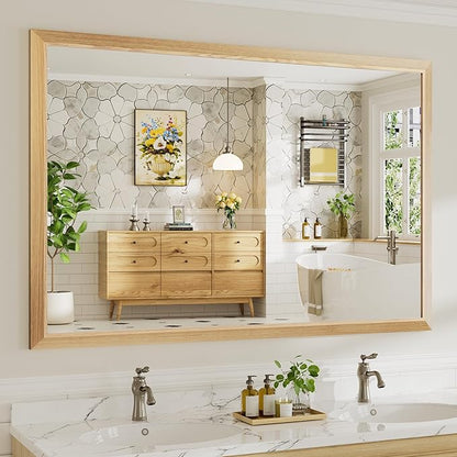 60x40 Inch Bathroom Mirror for Wall, Anti-Rust Oak Wood Grain Metal Framed Bathroom Mirrors for Over Sink,Rectangler Mirrors for Bathroom Vanity, Farmhouse, Bedroom, Living Room, Entryway Decor