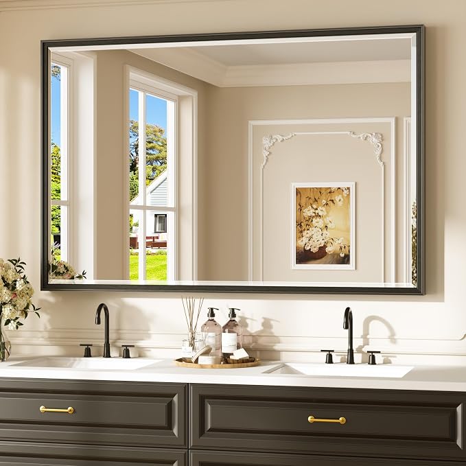 Keonjinn 55" x 36" Black Framed Bathroom Mirror, Safe HD Tempered Glass | Aluminum Alloy Frame Square Corner, Secure French Cleat, Modern Farmhouse Style, Large Black Bathroom Mirrors for Over Sink