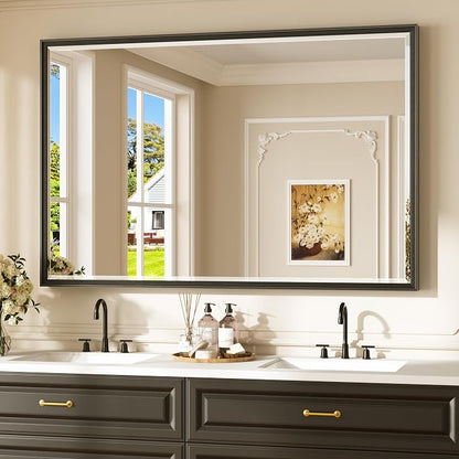 Keonjinn 55" x 36" Black Framed Bathroom Mirror, Safe HD Tempered Glass | Aluminum Alloy Frame Square Corner, Secure French Cleat, Modern Farmhouse Style, Large Black Bathroom Mirrors for Over Sink