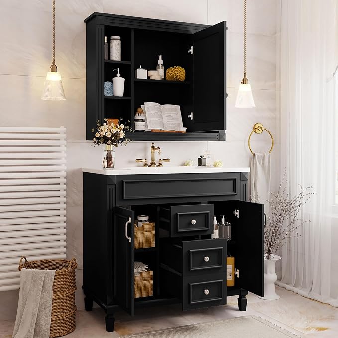 36" Bathroom Vanity with Top Sink, Mirror Cabinet, Modern Bathroom Storage Cabinet with 2 Soft Closing Doors and 2 Drawers, Single Sink Bathroom Vanity