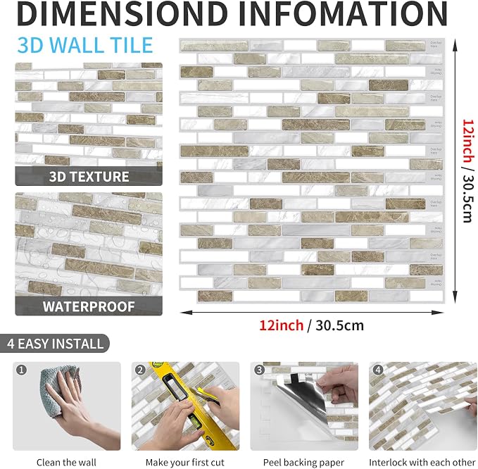 URCOLOR 10-Sheet Peel and Stick Backsplash Tile for Kitchen, 12”×12” Stick on Wall Tile for Bathroom, Beige & White