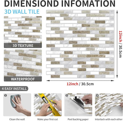 URCOLOR 10-Sheet Peel and Stick Backsplash Tile for Kitchen, 12”×12” Stick on Wall Tile for Bathroom, Beige & White