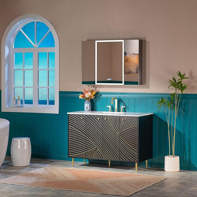 Woodbridge 48"x22" Bathroom Vanity with Single Ceramic Undermount Sink, White Engineered Stone Top, Hand-Painted Black & Gold Accents, Sleek Thin-Leg Frame, Space-Saving for Modern Living