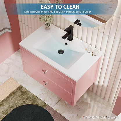 eclife 30" Floating Bathroom Vanity with Sink Combo, Modern Painted Wall-Mounted Vanities Storage Cabinet with Scalloped Decor, Undermount Basin, Faucet, Drain, Pink