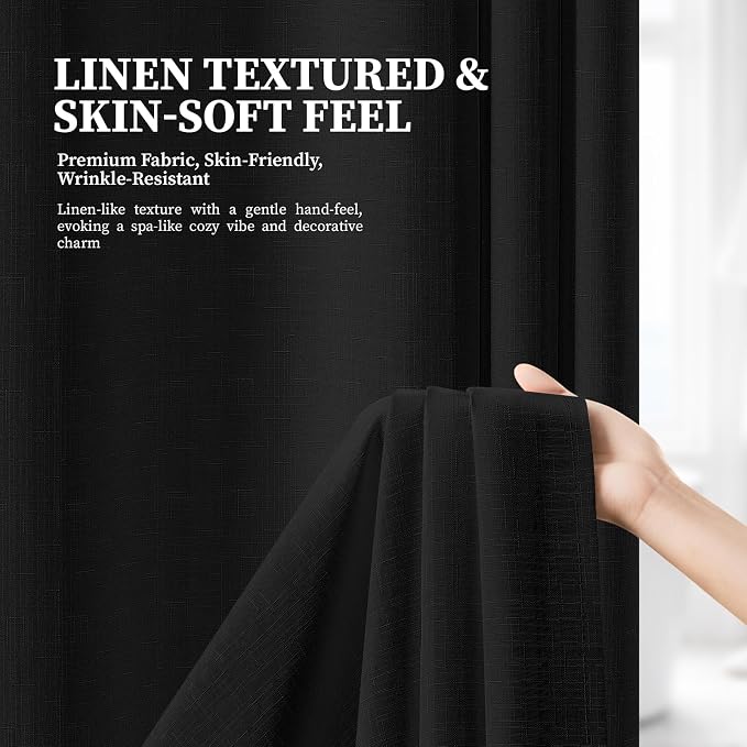 48x75 Ringless Linen Textured Shower Curtain with Snap in Liner, Black | Stall Size, 3 in 1 Shower Curtain Set, Removable Liner, Waterproof & Washable, Mesh Top Window, Durable Fabric, Easy Setup
