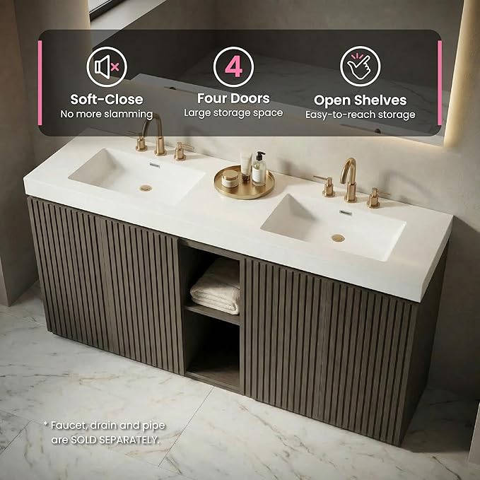 72" Bathroom Vanity with Sink Combo, Mid Century Modern Bathroom Cabinet with 4 Doors & Open Shelf, Glossy White Integrated Sink with Overflow, Dark Grey Oak
