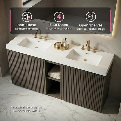 72" Bathroom Vanity with Sink Combo, Mid Century Modern Bathroom Cabinet with 4 Doors & Open Shelf, Glossy White Integrated Sink with Overflow, Dark Grey Oak