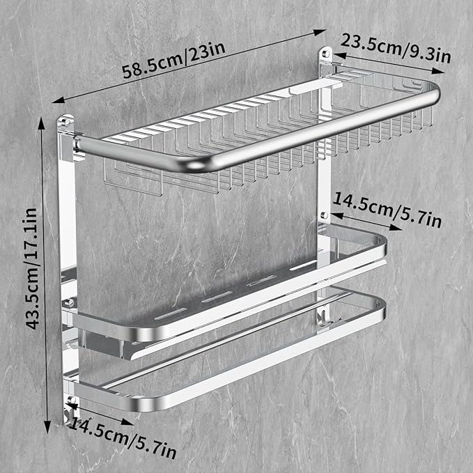 Foldable 23.22 Inch Rowel Rack Wall Mounted with Bathroom Shower Shelves Stainless Steel Towel Bar Without Drilling and Screw Installation (Silvery)