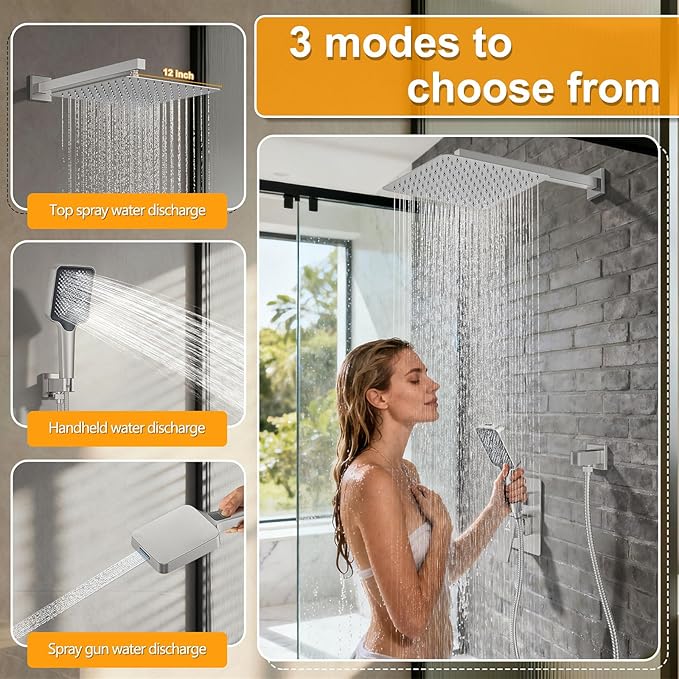 Shower System Modern Rain Brass Faucet Set With Valve and Diverter Shower Mixer With Handheld High Pressure Square Rainfall Shower Valve (12'' Wall Mount, Brushed Nickel)