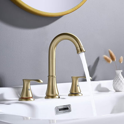 Bathroom Faucet for Sink 3 Hole with Pop Up Drain and cUPC Faucets Supply Hose, 2 Handle 8 inch Brass Widespread Bathroom Sink Faucet, Brushed Gold Basin Faucet Taps Mixer
