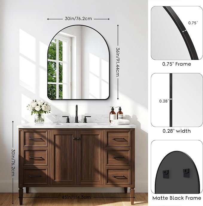 BONEWEI Arched Wall Mirror,30x36 inch Black Arched Mirror Bathroom,Vanity Mirror for Over Sink Metal Frame,Tempered Glass Arch Mirrors for Bedroom,Entryway,Living Room,Home Decor Shatter-Proof