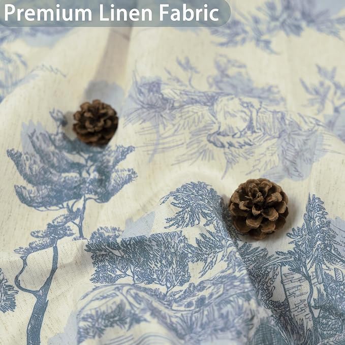ORTIGIA Ruffle Linen Shower Curtain with Metal Hooks 72x72 Inch, Blue and White Toile de Jouy for Vintage French Country Waterproof Bathroom Decor Chateau Toile Pattern