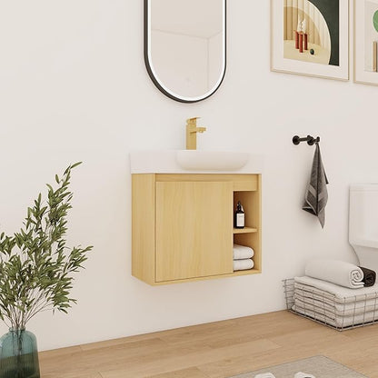 24" Wall-Mounted Bathroom Vanity with Ceramic Sink, 24 inch Floating Single Sink Vanity Cabinet Modern Brown 1-Door Design with Storage Shelf (Space-Saving for Small Bathrooms), Light-Oak