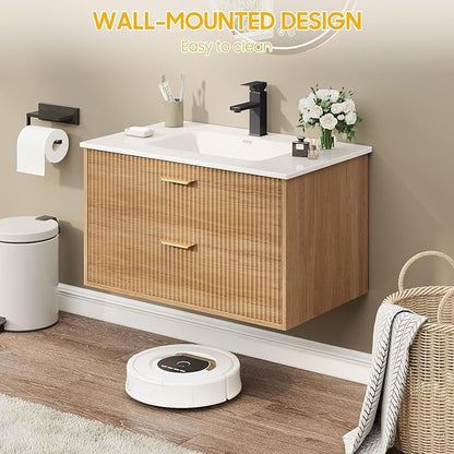 Vabches 24 Inch Bathroom Vanity with Sink, Wood Grain Wall Mounted Vanity with 2 Storage Darwers, Floating Bathroom Vanity with Storage, Bathroom Floating Vanity with Sink, Faucet, Drain, Oak
