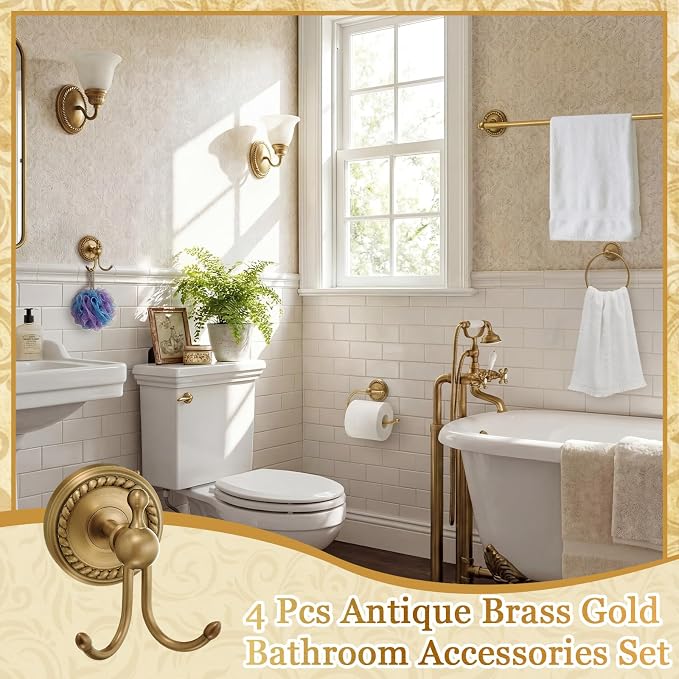 4 Pcs Antique Brass Gold Bathroom Accessories Set Wall-Mounted Towel Rack & Towel Ring & Toilet Paper Holder & Robe Hook, Wall Mounted Brass Vintage Bath Hardware Fixture Set(Style 5)