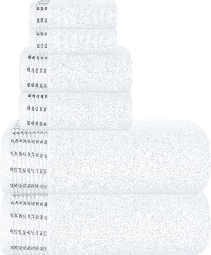 Ultra Soft 6 Pack Cotton Towel Set, Contains 2 Bath Towels 28x55 inch, 2 Hand Towels 16x24 inch & 2 Wash Cloths 12x12 inch, Ideal Everyday use, Compact & Lightweight - White
