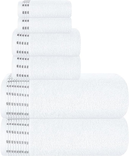 Ultra Soft 6 Pack Cotton Towel Set, Contains 2 Bath Towels 28x55 inch, 2 Hand Towels 16x24 inch & 2 Wash Cloths 12x12 inch, Ideal Everyday use, Compact & Lightweight - White