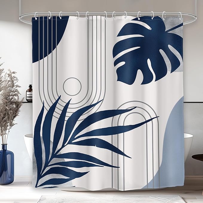 Glawry Abstract Shower Curtain Blue Grey Mid Century Geometric Boho Palm Leaf Sun Arch Botanical Simple Bathroom Modern Aesthetic 60Wx72L Inches Bath Accessories Art Home Decor Fabric 12 Hooks