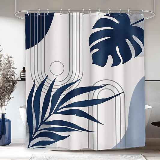 Glawry Abstract Shower Curtain Blue Grey Mid Century Geometric Boho Palm Leaf Sun Arch Botanical Simple Bathroom Modern Aesthetic 60Wx72L Inches Bath Accessories Art Home Decor Fabric 12 Hooks
