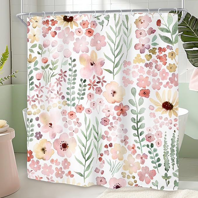 Cute Pink Green Floral Spring Boho Kids Girls Bathroom Shower Curtain Set | 72"W x 72"H Girly Watercolor; waterproof HD print, quick-dry fabric with 12 hooks for easy hanging.