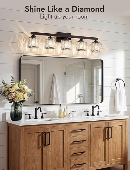 VOLISUN Crystal Vanity Lights for Bathroom, 5 Light Bathroom Vanity Light, Modern Matte Black Bathrooms Light Over Mirror, Black Bathrooms Lights Fixtures-UL Certificated(Exclude Bulb)