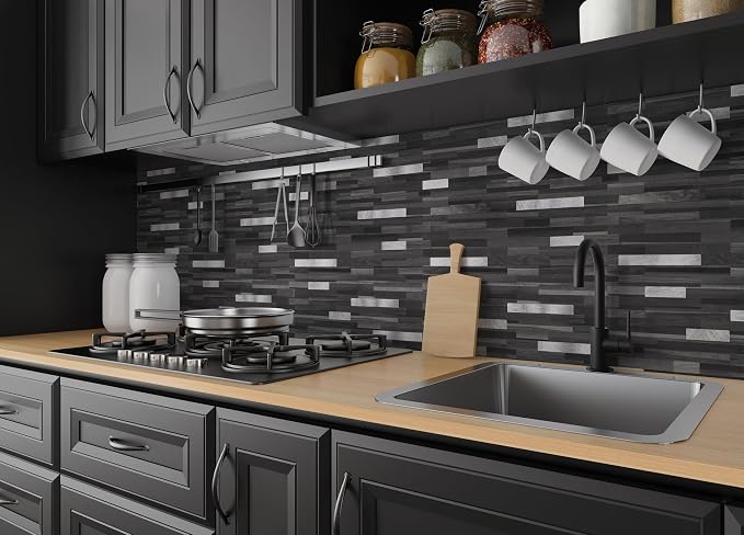Yipscazo 10 Sheets Peel and Stick Stone Metal Backsplash, PVC Wall Tiles Stick on Tiles for Backsplash Kitchen, Bathroom, Fireplace (6'' X 12'', Black Wood)