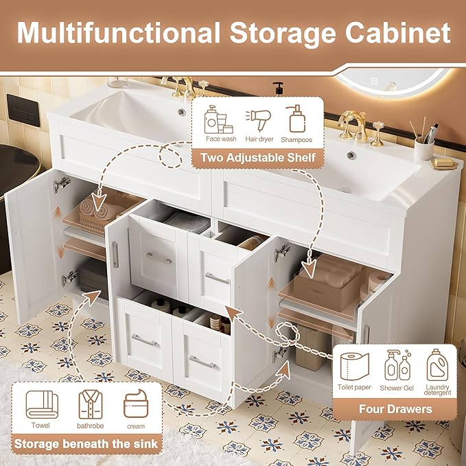 60" Bathroom Vanity Set with Double Sink, Harper & Bright Designs Vanity Cabinet with 4 Cabinet Doors, 4 Drawers, 2 Adjustable Shelves, Solid Wood Bathroom Cabinet with Resin Basin for Bathroom, White