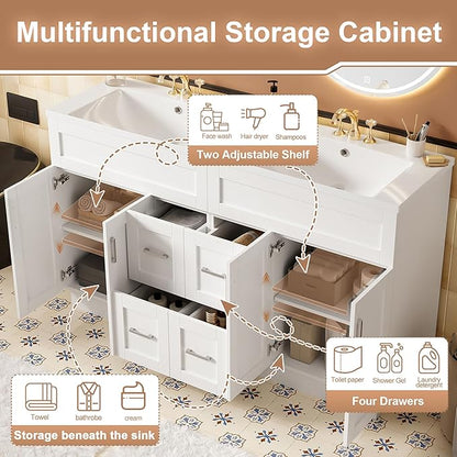 60" Bathroom Vanity Set with Double Sink, Harper & Bright Designs Vanity Cabinet with 4 Cabinet Doors, 4 Drawers, 2 Adjustable Shelves, Solid Wood Bathroom Cabinet with Resin Basin for Bathroom, White