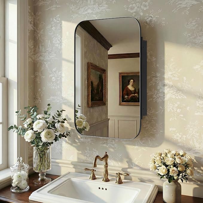 Casaphoria 36" H x 24" W Wall Medicine Cabinets Mirrors, Bathroom Medicine Cabinet with Mirror, Metal Frame Wall Mirror Cabinet, Black H