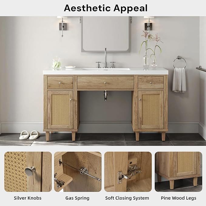 60 Inch Bathroom Vanity with Single Sink & Integrated Countertop,Large Bathroom Vanity with Rattan Doors,2 Drawers & Storage Cabinets,Gas Spring Tip-Out Tray,Soft Closing System,Solid Wood Legs
